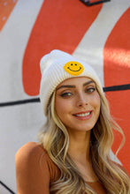 Load image into Gallery viewer, Smiley Face Ribbed Beanie: Ivory
