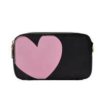 Load image into Gallery viewer, JAMIE HEART VEGAN LEATHER CAMERA BAG-ASSORTED: Black w/Pink Heart-Gold Hardware
