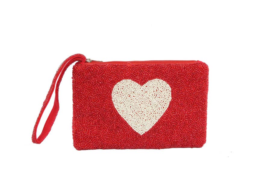 Ladies Red Full Beaded White Heart Wristlet Wallet