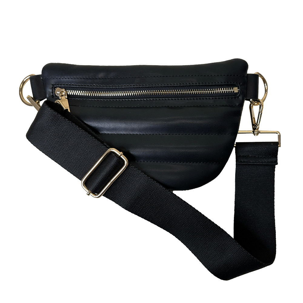 Stacy Small Quilted Faux Leather Waist/Sling Bag: Black w/Gold Hardware