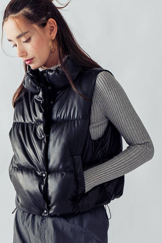 STAND COLLAR RELAXED CROPPED PUFFER VEST: BLACK / S-2/M-2/L-2