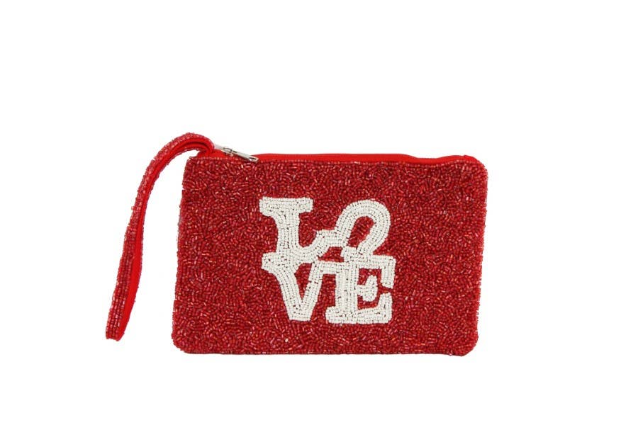 Ladies Red Fully Beaded LOVE Wristet Wallet Handbag