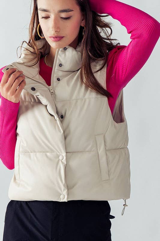 STAND COLLAR RELAXED CROPPED PUFFER VEST: CREAM / S-2/M-2/L-2