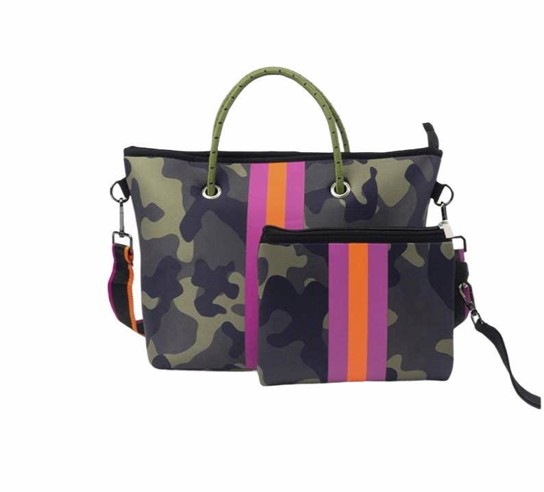 The Lucia NeopreneMed. Tote - Green Camo with Pink Stripe